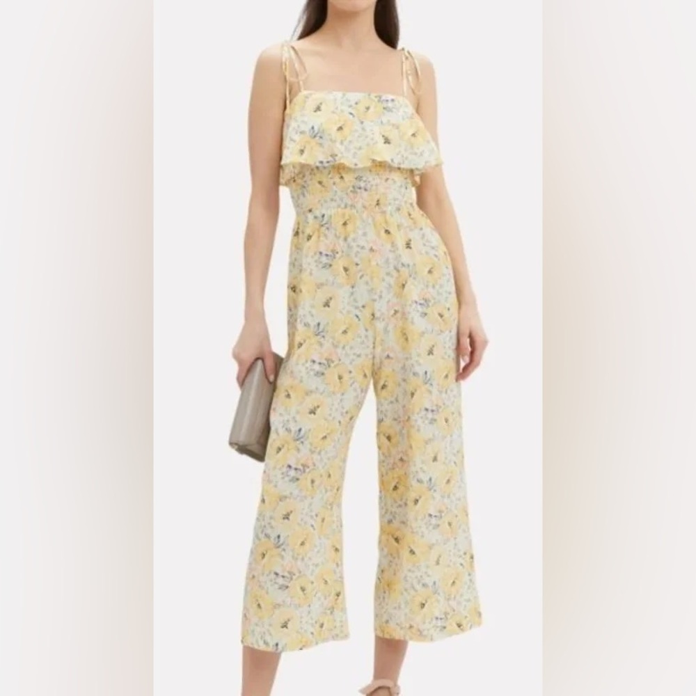 Intermix Eliza Floral Yellow Print Smocked Silk Croped Jumpsuit
